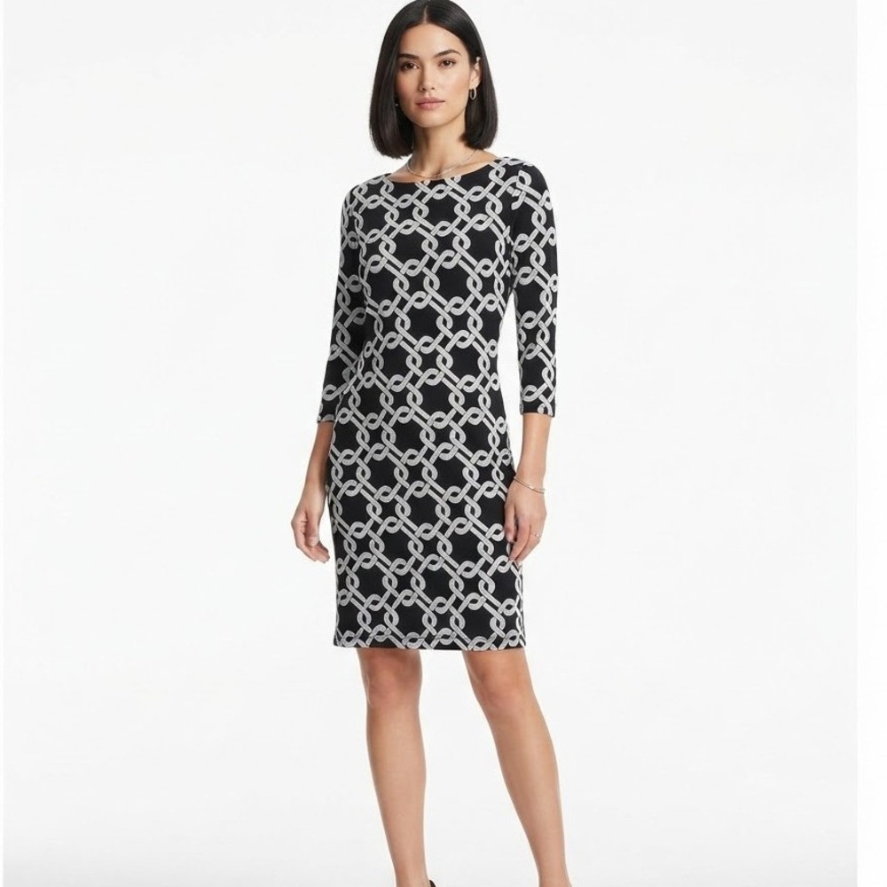 Banana Republic Dress XS  Black White Geometric Chain Link 3/4 Sleeve Sheath